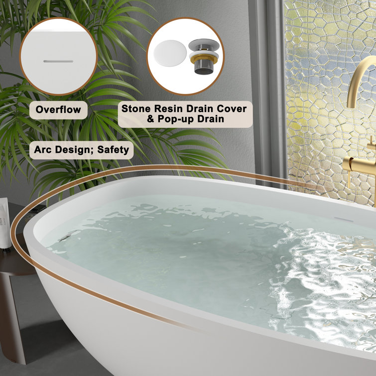 71'' Matte White Freestanding Soaking Tub with Black Pillow