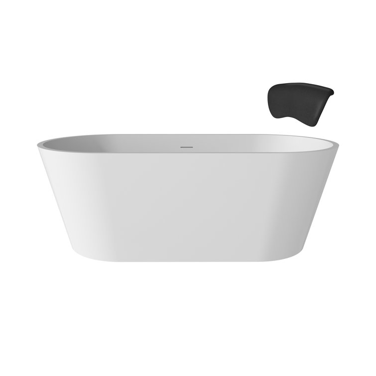 59" White Solid Surface Freestanding Soaking Bathtub with Black Pillow