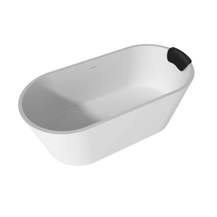 59" White Solid Surface Freestanding Soaking Bathtub with Black Pillow