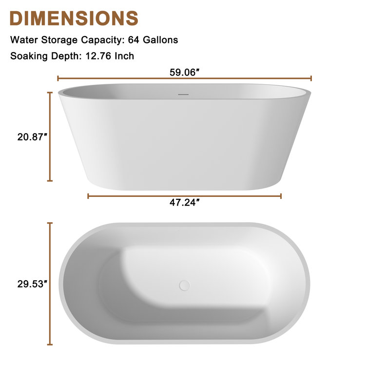 59" White Solid Surface Freestanding Soaking Bathtub with Black Pillow