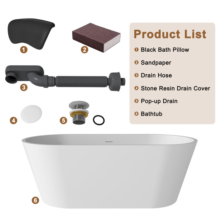 59" White Solid Surface Freestanding Soaking Bathtub with Black Pillow