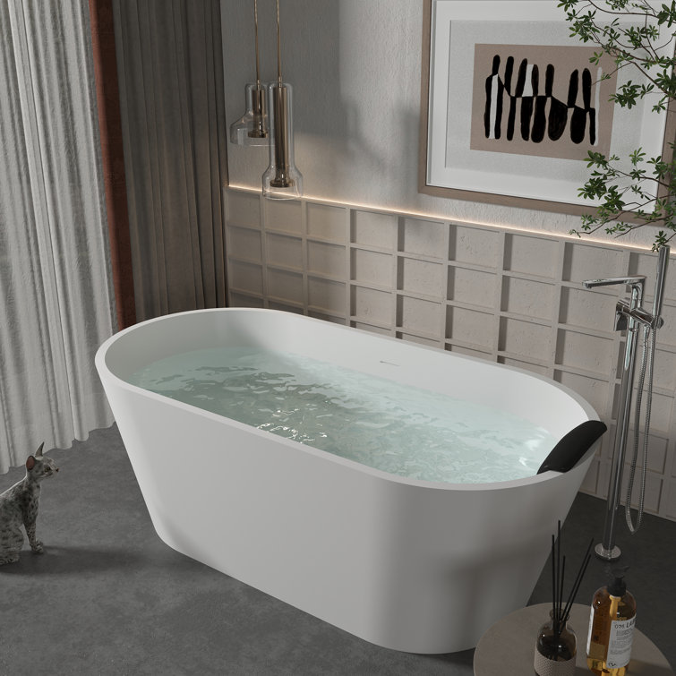 59" White Solid Surface Freestanding Soaking Bathtub with Black Pillow