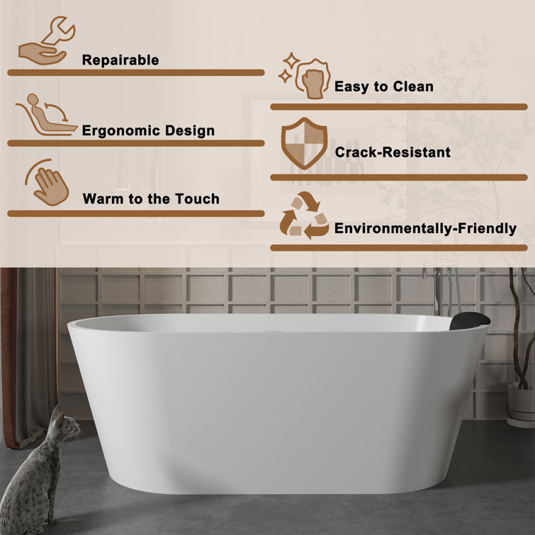 59" White Solid Surface Freestanding Soaking Bathtub with Black Pillow