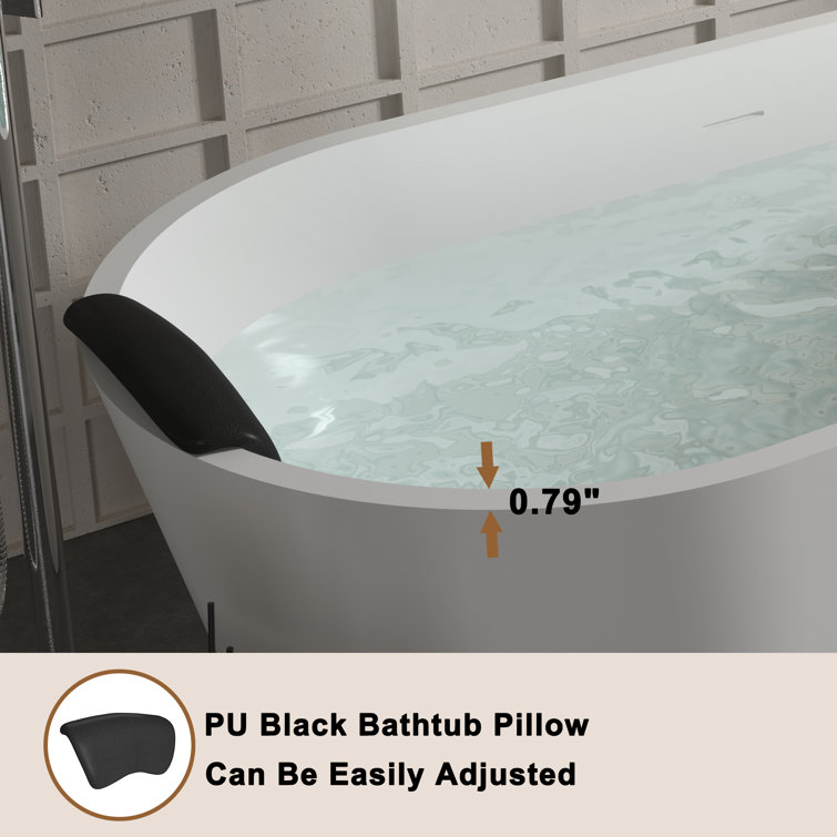 59" White Solid Surface Freestanding Soaking Bathtub with Black Pillow