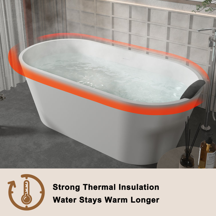 59" White Solid Surface Freestanding Soaking Bathtub with Black Pillow