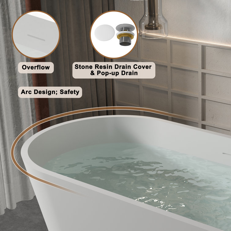59" White Solid Surface Freestanding Soaking Bathtub with Black Pillow