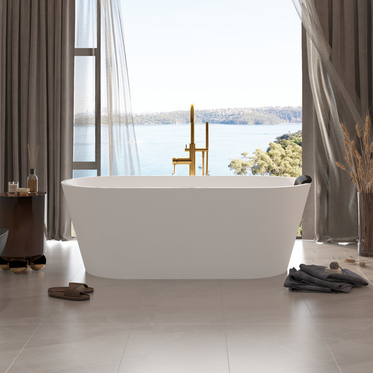 67" White Solid Surface Freestanding Soaking Tub with Black Pillow