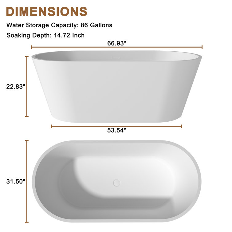 67" White Solid Surface Freestanding Soaking Tub with Black Pillow