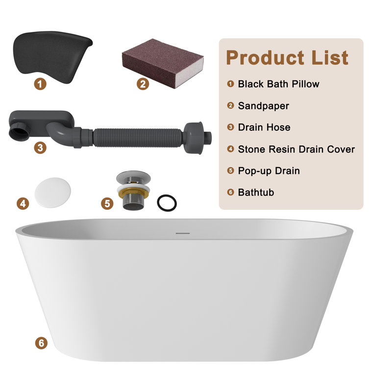 67" White Solid Surface Freestanding Soaking Tub with Black Pillow