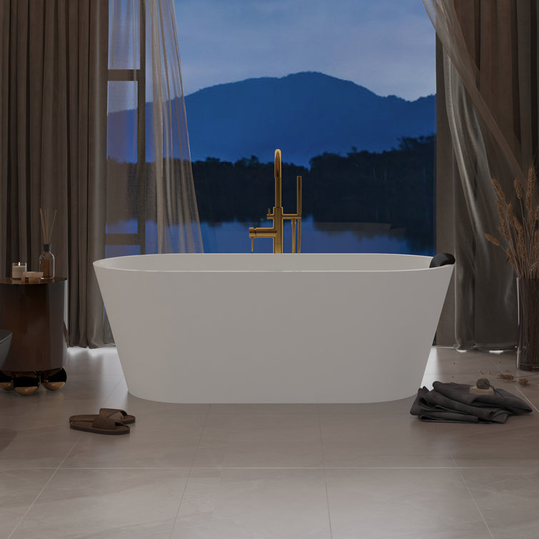 67" White Solid Surface Freestanding Soaking Tub with Black Pillow