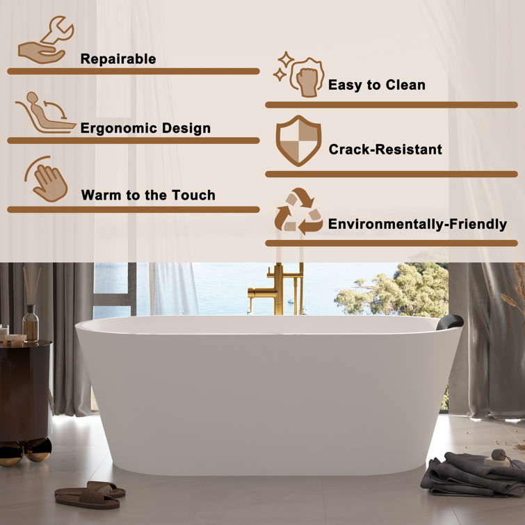 67" White Solid Surface Freestanding Soaking Tub with Black Pillow