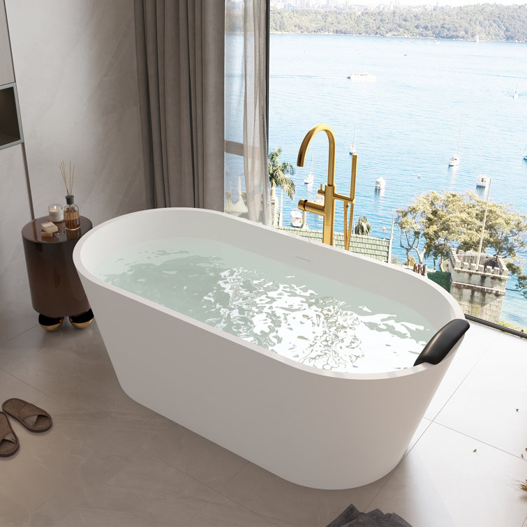 67" White Solid Surface Freestanding Soaking Tub with Black Pillow