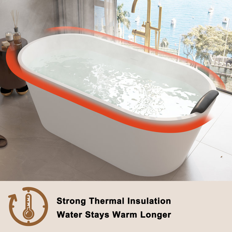 67" White Solid Surface Freestanding Soaking Tub with Black Pillow