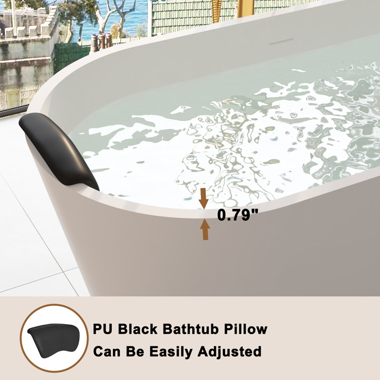 67" White Solid Surface Freestanding Soaking Tub with Black Pillow