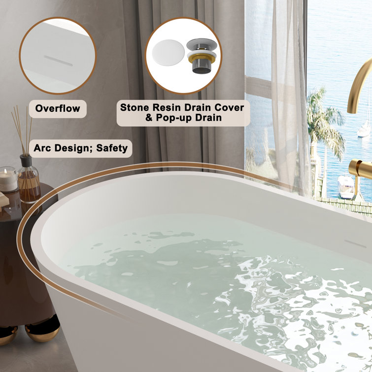 67" White Solid Surface Freestanding Soaking Tub with Black Pillow