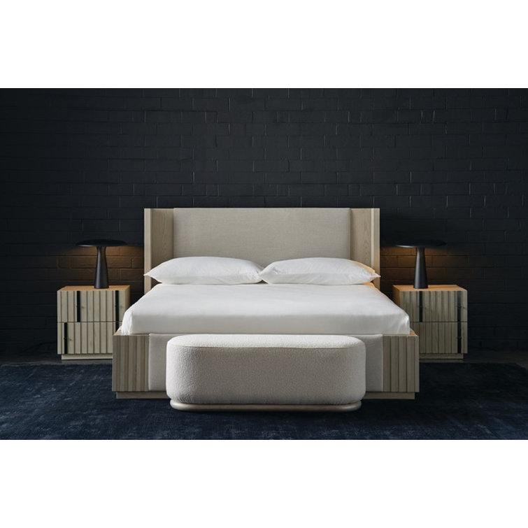 Asha Beige Upholstered Bench with Wood Plinth Base