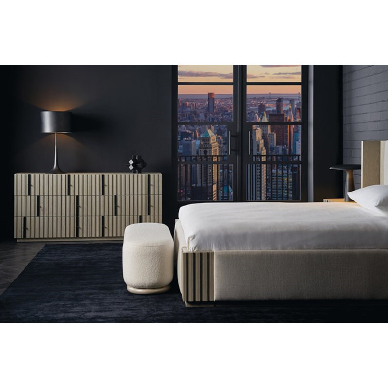 Asha Beige Upholstered Bench with Wood Plinth Base
