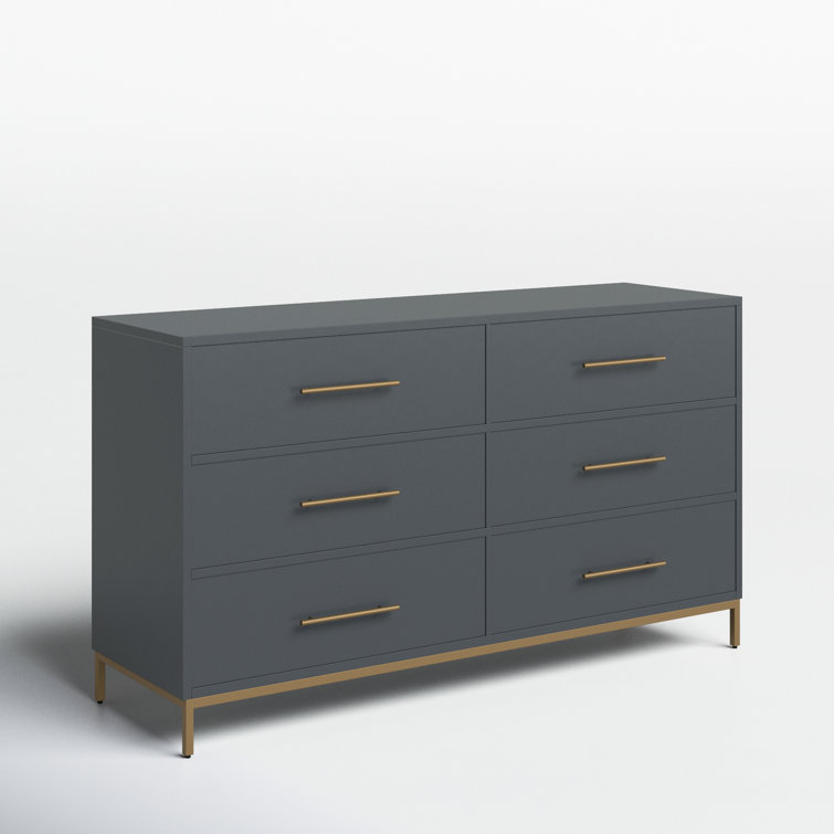 Slate Gray Mahogany 6-Drawer Dresser with Gold Accents