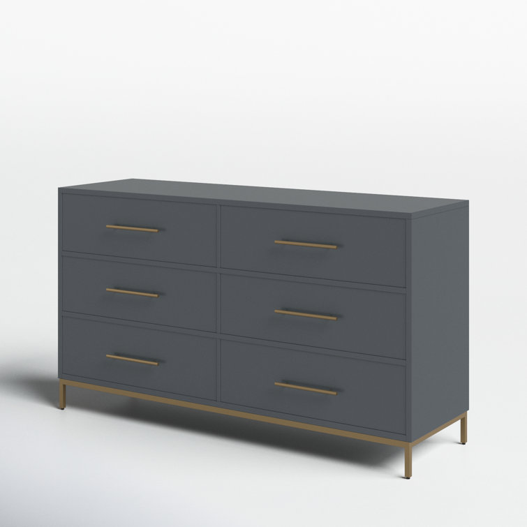 Slate Gray Mahogany 6-Drawer Dresser with Gold Accents