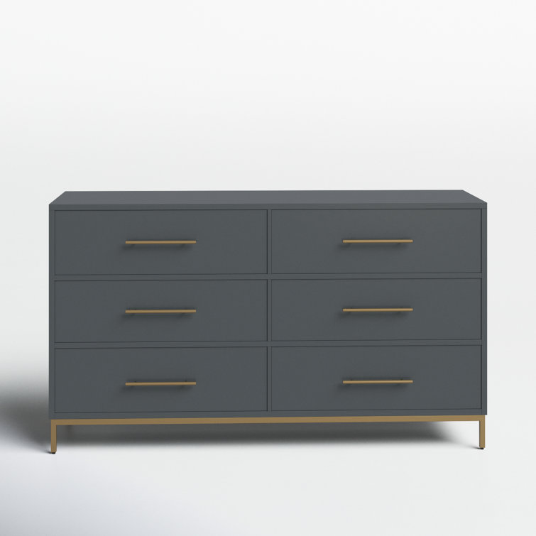 Slate Gray Mahogany 6-Drawer Dresser with Gold Accents