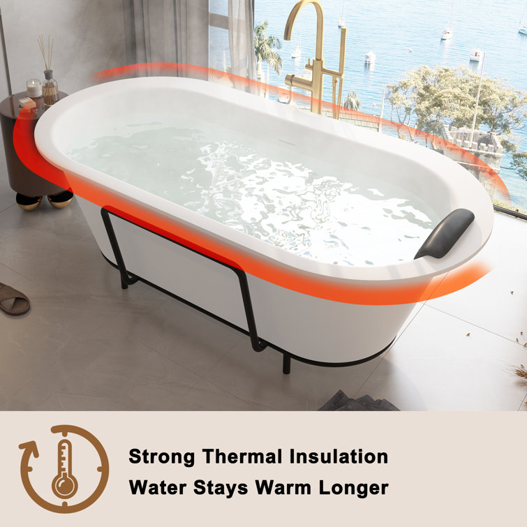 Matte White 67" Freestanding Soaking Bathtub with Black Pillow