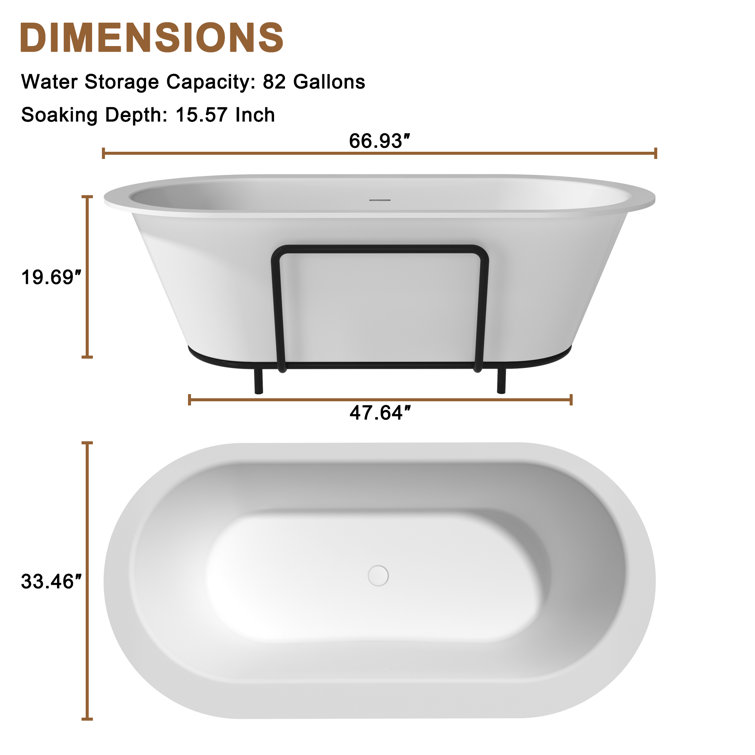 Matte White 67" Freestanding Soaking Bathtub with Black Pillow