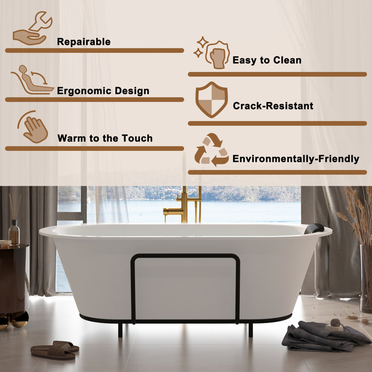 Matte White 67" Freestanding Soaking Bathtub with Black Pillow