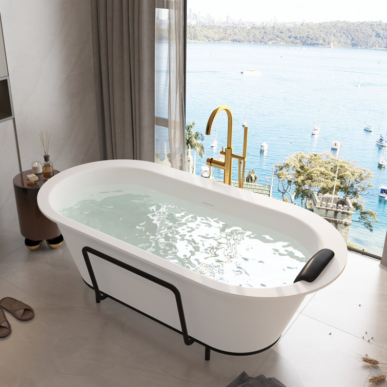 Matte White 67" Freestanding Soaking Bathtub with Black Pillow