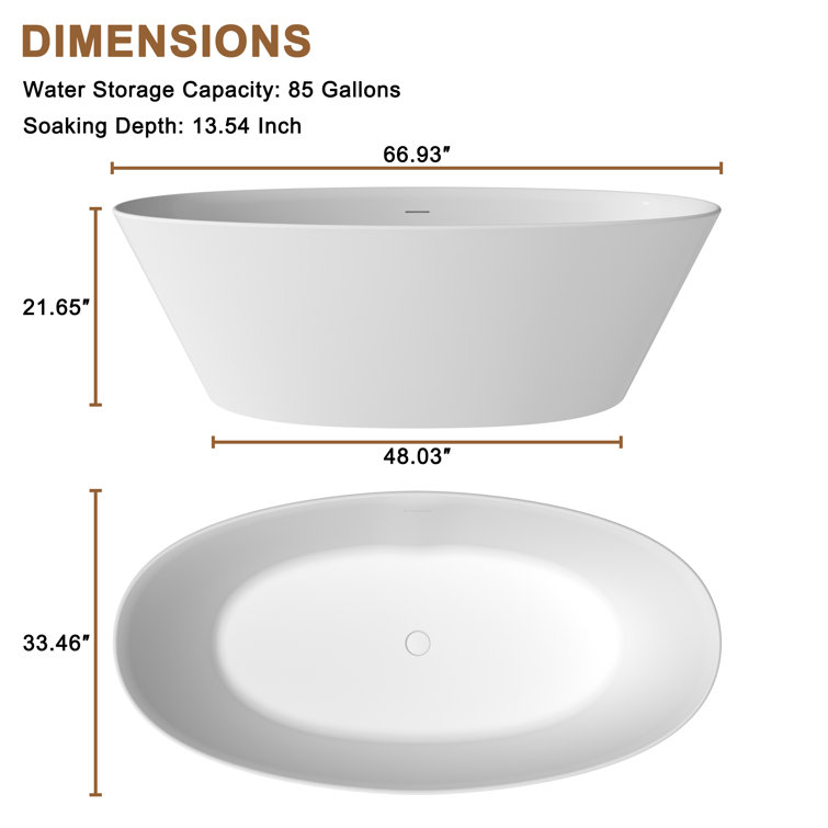 67" Matte White Freestanding Solid Surface Resin Bathtub with Black Pillow