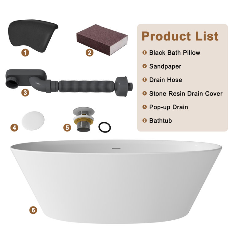 67" Matte White Freestanding Solid Surface Resin Bathtub with Black Pillow