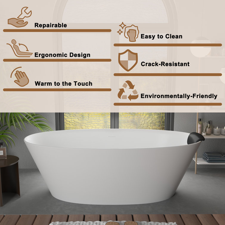 67" Matte White Freestanding Solid Surface Resin Bathtub with Black Pillow