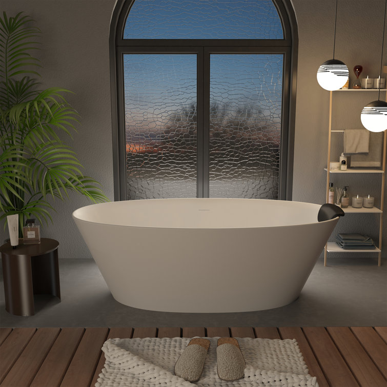 67" Matte White Freestanding Solid Surface Resin Bathtub with Black Pillow