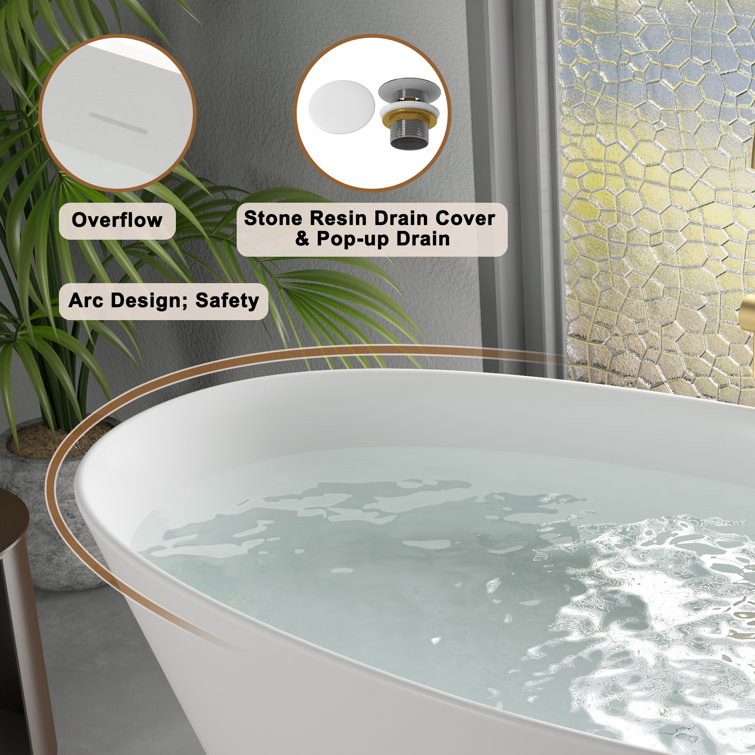 67" Matte White Freestanding Solid Surface Resin Bathtub with Black Pillow
