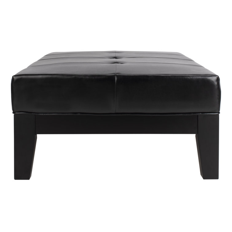 Black Tufted Leather Cocktail Ottoman with Beech Wood Frame