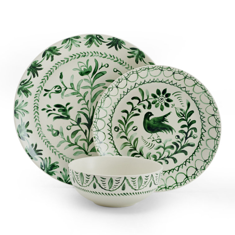 Sicily Green and White Ceramic 12-Piece Dinnerware Set