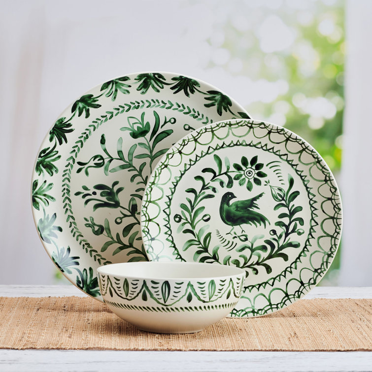 Sicily Green and White Ceramic 12-Piece Dinnerware Set
