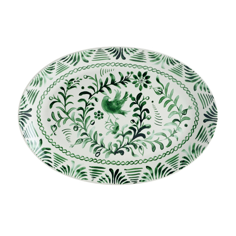 Green Floral Ceramic Oval Serving Bowl and Platter Set