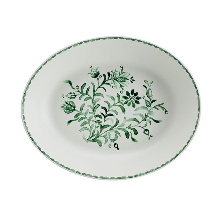 Green Floral Ceramic Oval Serving Bowl and Platter Set