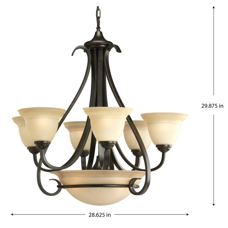 Torino 6-Light Two-Tier Bronze Chandelier with Etched Glass Shades