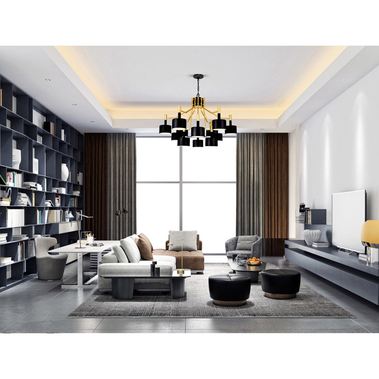 Matte Black and Satin Gold 12-Light Metal Chandelier