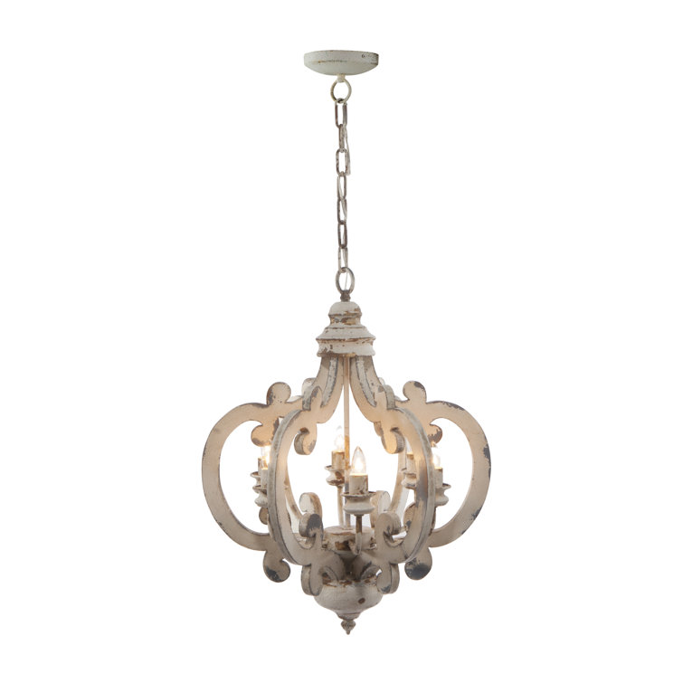 Antiqued White Wood and Metal 6-Light Geometric Chandelier