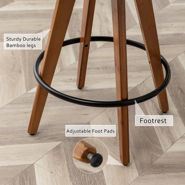 Gray Faux Leather Swivel Counter Stools with Wood Back and Legs, Set of 2