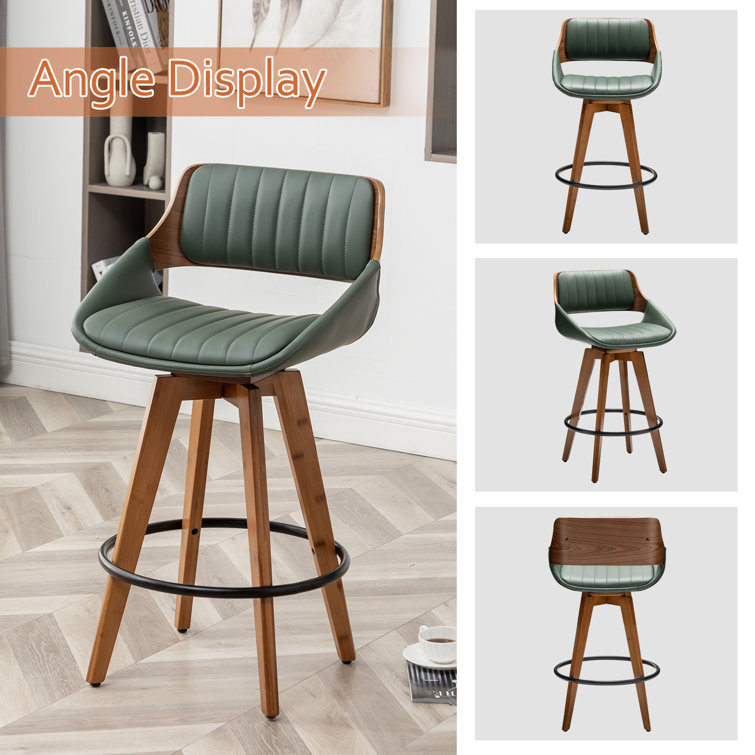 Green Faux Leather and Wood Swivel Counter Stools, Set of 2