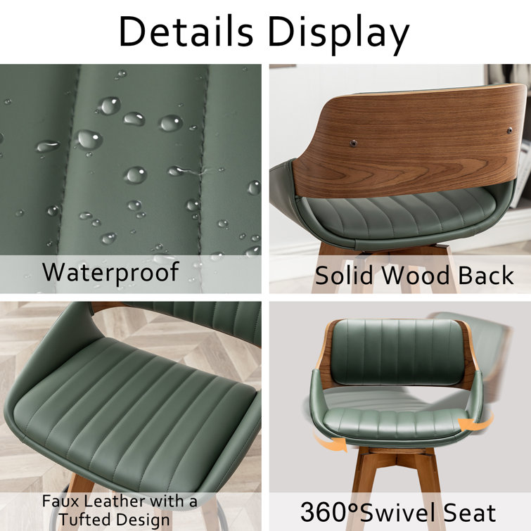 Green Faux Leather and Wood Swivel Counter Stools, Set of 2