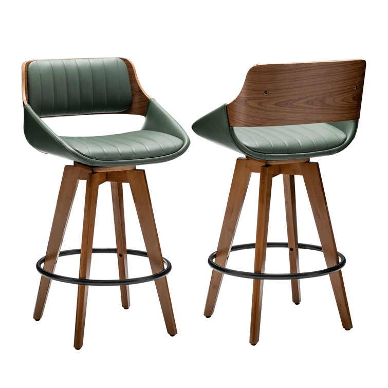Green Faux Leather and Wood Swivel Counter Stools, Set of 2