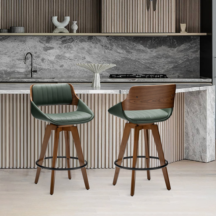 Green Faux Leather and Wood Swivel Counter Stools, Set of 2