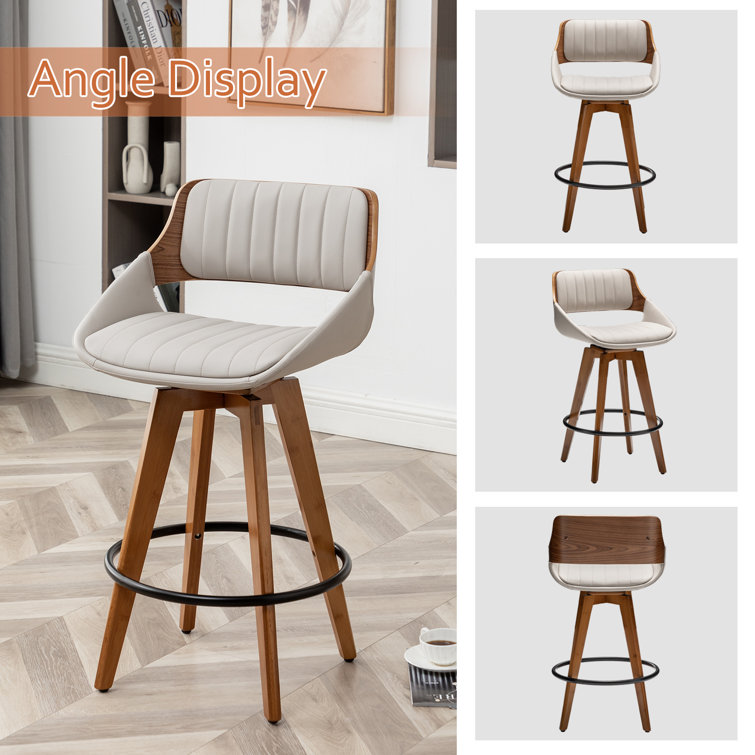 Gray Faux Leather Swivel Counter Stools with Wood Back and Legs, Set of 2