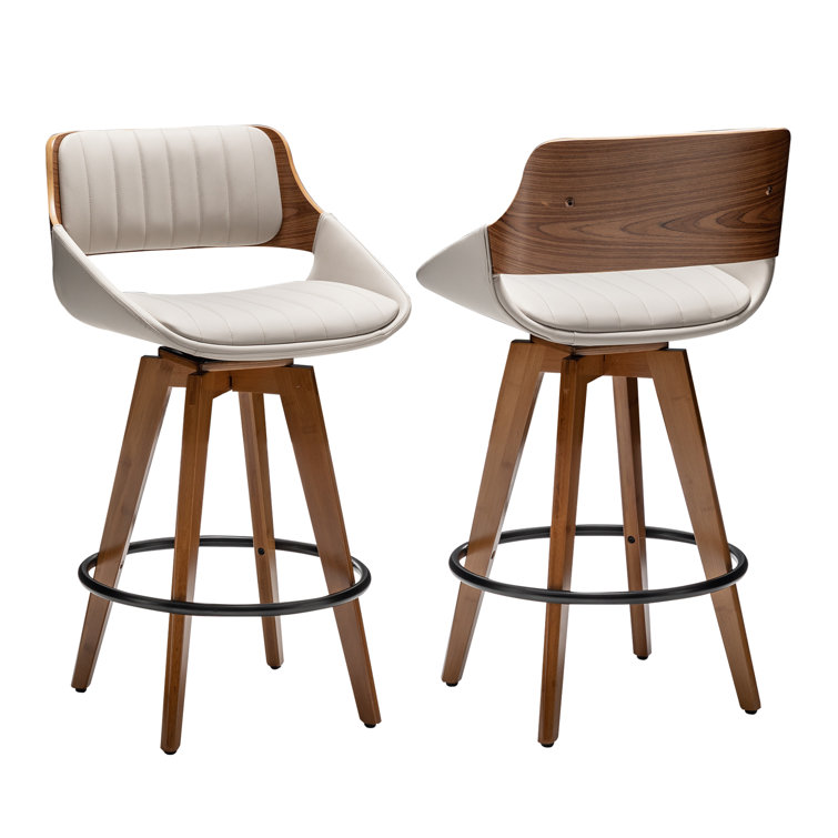 Gray Faux Leather Swivel Counter Stools with Wood Back and Legs, Set of 2