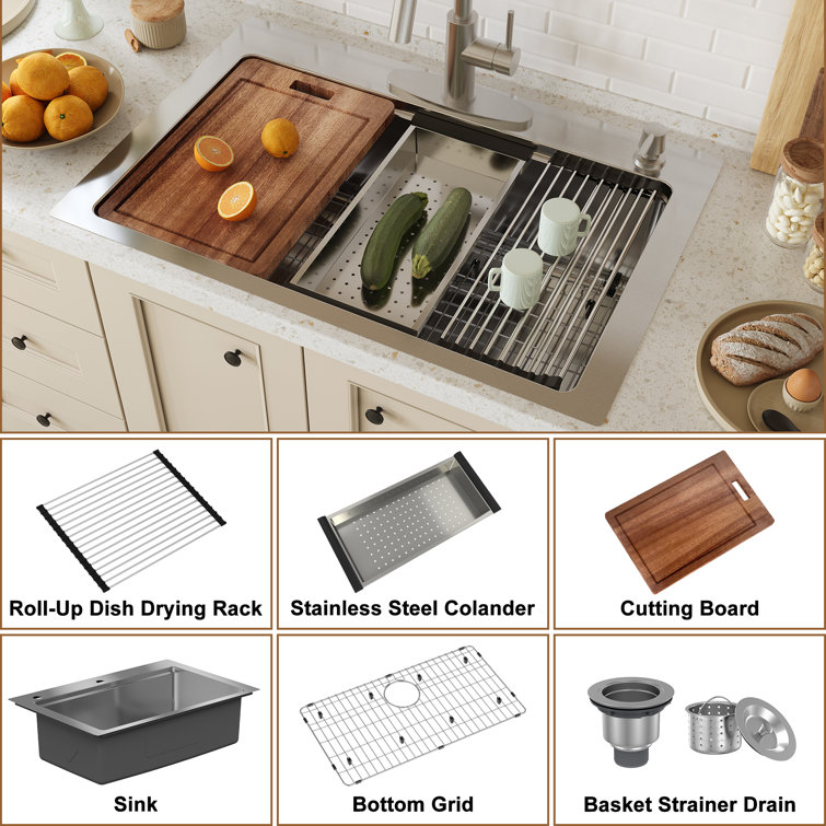 33'' Brushed Stainless Steel Single Bowl Kitchen Sink with Accessories