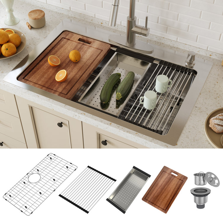 33'' Brushed Stainless Steel Single Bowl Kitchen Sink with Accessories